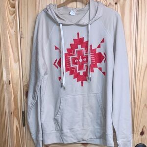 Western Beige Hoodie with Southwest Red Pattern Large